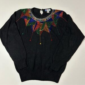 Vintage Lindsey Blake Beaded Pullover Sweater Women’s Large Black Holiday 80s